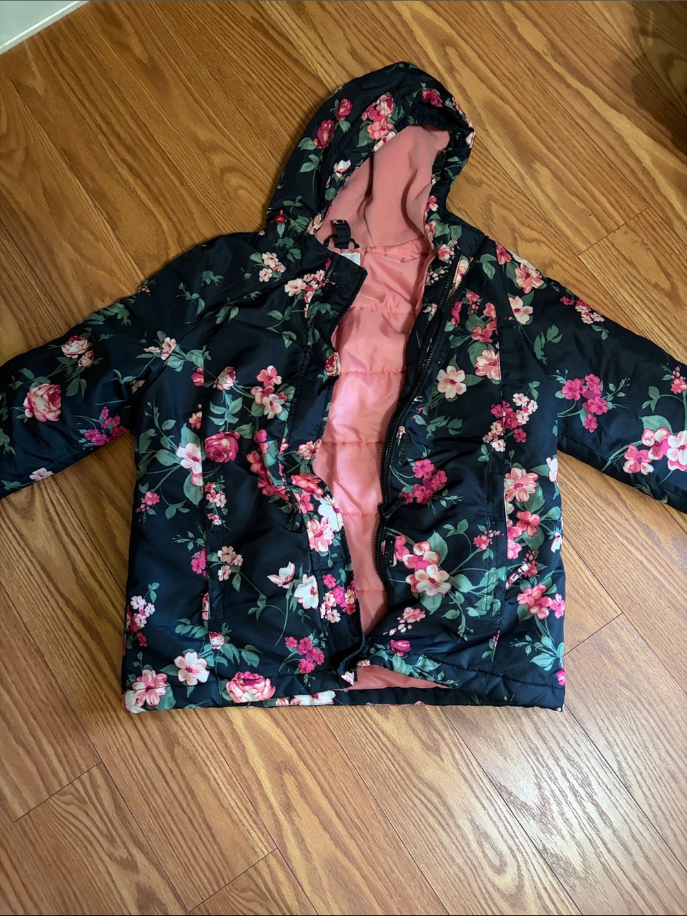 Place Black Floral Puffer Jacket with Pink Lining